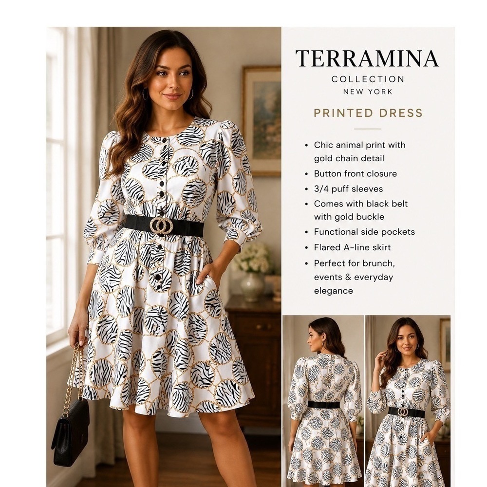 Terramina Collection Printed Dress Women 10 White Zebra Chain A-Line Puff Sleeve